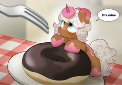 Size: 3332x2330 | Tagged: safe, artist:mochi_nation, oc, oc only, oc:donut daydream, pony, unicorn, coat markings, commission, cute, dialogue, donut, eye clipping through hair, female, food, fork, looking up, mare, mine!, ocbetes, solo, speech bubble, text, tiny, tiny ponies, tongue out, ych result
