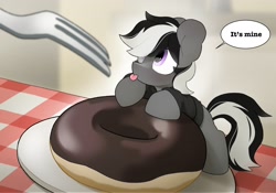 Size: 2048x1432 | Tagged: safe, artist:mochi_nation, oc, oc only, oc:kenn, earth pony, pony, coat markings, commission, cute, dialogue, donut, eye clipping through hair, food, fork, looking up, male, mine!, ocbetes, solo, speech bubble, stallion, tiny, tiny ponies, tongue out, ych result