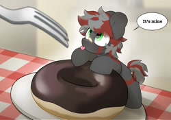 Size: 2048x1432 | Tagged: safe, artist:mochi_nation, oc, oc only, earth pony, pony, coat markings, commission, cute, dialogue, donut, eye clipping through hair, food, fork, looking up, male, micro, mine!, ocbetes, solo, speech bubble, stallion, tiny, tiny ponies, tongue out, ych result