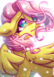 Size: 1169x1654 | Tagged: safe, artist:chaosangeldesu, fluttershy, pegasus, pony, g4, colored pinnae, cute, eye clipping through hair, eyebrows, eyebrows visible through hair, eyelashes, female, floppy ears, heart, heart eyes, looking up, mare, open mouth, palindrome get, shyabetes, simple background, snow, snowfall, solo, turned head, white background, windswept mane, wingding eyes, wings