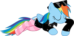 Size: 7890x3820 | Tagged: safe, artist:iamaveryrealperson, edit, vector edit, rainbow dash, pegasus, pony, g4, 2022, clothes, eyes closed, female, folded wings, jacket, leather, leather jacket, lying down, mare, pink socks, programming socks, prone, simple background, sleeping, smiling, socks, solo, striped socks, sunglasses, sunglasses on head, thigh highs, transparent background, vector, white socks, wings