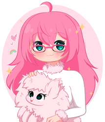 Size: 2376x2760 | Tagged: safe, artist:kittyrosie, oc, oc only, oc:fluffle puff, human, pony, :3, :p, abstract background, clothes, cute, duo, flufflebetes, glasses, heart, human ponidox, kittyrosie is trying to murder us, mlem, ocbetes, self paradox, self ponidox, silly, sparkles, sweater, tongue out