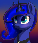 Size: 2729x3072 | Tagged: safe, artist:maonyman, derpibooru exclusive, princess luna, alicorn, pony, g4, blushing, bust, crown, cute, ethereal mane, female, gradient background, horn, jewelry, looking up, lunabetes, mare, regalia, shading, shading practice, smiling, solo, starry mane, sunset, unicorn horn
