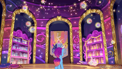 Size: 600x338 | Tagged: safe, screencap, discord, misty brightdawn, princess celestia, princess luna, alicorn, butterfly, pony, unicorn, g5, misty-rious new room, my little pony: tell your tale, spoiler:g5, spoiler:my little pony: tell your tale, spoiler:tyts02e05, animated, book, cute, element of generosity, element of honesty, element of kindness, element of laughter, element of loyalty, element of magic, elements of harmony, gradient mane, light, mistybetes, rebirth misty, shiny