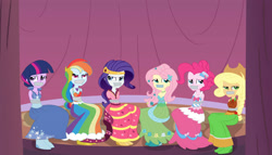 Size: 3500x1998 | Tagged: safe, artist:nie-martw-sie-o-mnie, applejack, fluttershy, pinkie pie, rainbow dash, rarity, twilight sparkle, human, equestria girls, g4, suited for success, bondage, bound and gagged, clothes, dress, gag, gala dress, long dress, long skirt, mane six, skirt, tape, tape gag, tied up