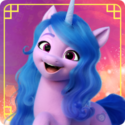 Size: 1000x1000 | Tagged: safe, izzy moonbow, pony, unicorn, g5, my little pony: a new generation, official, avatar, chinese, chinese new year, female, gradient background, looking at you, mare, open mouth, open smile, profile picture, raised hoof, smiling, smiling at you