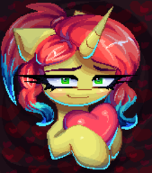 Size: 1014x1152 | Tagged: safe, artist:opal_radiance, oc, oc only, oc:sunny chill, pony, unicorn, blushing, commission, heart, holiday, kofi, pixel art, solo, valentine's day, your character here