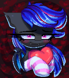 Size: 1014x1152 | Tagged: safe, alternate character, alternate version, artist:opal_radiance, oc, oc only, oc:ebony rose, bat pony, bat pony oc, blushing, clothes, commission, heart, pixel art, socks, solo, striped socks, ych result