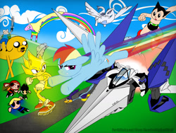 Size: 1600x1200 | Tagged: safe, artist:envythisroadrunner, rainbow dash, bird, lugia, pegasus, pony, roadrunner, g4, adventure time, arwing, astro boy, crossover, finn the human, jake the dog, lady rainicorn, legendary pokémon, looney tunes, pokémon, race, rainbow trail, sonic the hedgehog (series), star fox, super sonic, the powerpuff girls, the rowdyruff boys