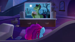 Size: 3072x1727 | Tagged: safe, screencap, frankenstallion, misty brightdawn, earth pony, pony, unicorn, g5, misty-rious new room, my little pony: tell your tale, spoiler:g5, spoiler:my little pony: tell your tale, spoiler:tyts02e05, crystal brighthouse, duo, duo male and female, female, frankenstallion's monster, male, mare, rebirth misty, stallion, television, unnamed character