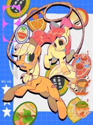 Size: 1024x1366 | Tagged: safe, artist:poneko-chan, apple bloom, applejack, earth pony, pony, g4, abstract background, apple, apple jam, apple sisters, apple slice, female, filly, foal, food, knife, lasso, lemon, mare, mouth hold, orange, peach, rope, siblings, sisters, stars