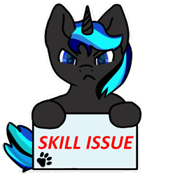 Size: 1000x1000 | Tagged: safe, alternate version, artist:eminol, oc, oc only, oc:source code, pony, unicorn, angry, female, glare, horn, looking at you, mare, sign, simple background, skill issue, solo, transparent background, unicorn oc
