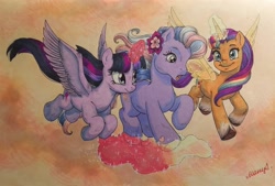 Size: 1280x863 | Tagged: safe, artist:алексиса якура, sunny starscout, twilight sparkle, wysteria, alicorn, earth pony, pony, g3, g4, g5, 2d, female, flower, flower in hair, flying, generational ponidox, mane stripe sunny, mare, multicolored hair, race swap, rainbow hair, sky, smiling, sunny and her heroine, sunnycorn, traditional art, twilight sparkle (alicorn)