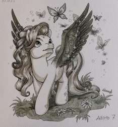 Size: 1009x1080 | Tagged: safe, artist:алексиса якура, star catcher, butterfly, pegasus, g3, flower, inktober, solo, traditional art