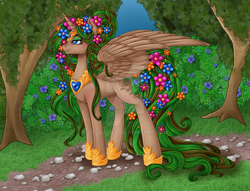 Size: 900x687 | Tagged: safe, artist:couratiel, oc, oc only, oc:natura, alicorn, pony, female, flower, flower in hair, flower in tail, mare, nature, path, solo, tail, tree