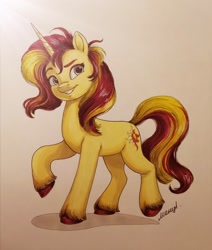 Size: 914x1080 | Tagged: source needed, useless source url, safe, artist:алексиса якура, sunset shimmer, pony, unicorn, g4, g5, g4 to g5, generation leap, marker drawing, photo, raised hoof, simple background, smiling, solo, traditional art, white background