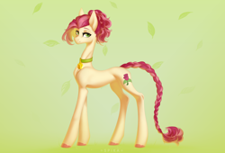 Size: 4400x3000 | Tagged: safe, artist:spika, roseluck, pony, g4, alternate hairstyle, braid, braided tail, collar, commission, commissioner:doom9454, concave belly, cute, green background, long neck, looking left, pet tag, pony pet, ponytail, rosepet, simple background, slender, standing, tail, thin