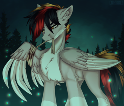 Size: 2800x2400 | Tagged: safe, artist:enderbee, oc, oc only, oc:primaryforce, firefly (insect), pegasus, pony, bandage, bandaged wing, blood, chest fluff, forest, full body, healing, injured, male, nature, solo, stallion, sternocleidomastoid, tree, wings