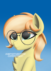 Size: 2000x2800 | Tagged: safe, artist:aryatheeditor, oc, oc only, oc:fruitlines, pegasus, chest fluff, cute, fluffy, glasses, gradient background, looking up, pretty, smiling, solo