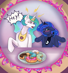 Size: 2564x2747 | Tagged: safe, artist:polnocnykot, princess celestia, princess luna, alicorn, g4, anatomically incorrect, angry, bib, bipedal, blushing, breastplate, crescent moon, crown, crumbs, cute, dialogue, donut, duo, duo female, eyeshadow, female, food, funny, hey, horn, jewelry, lightning, looking at each other, looking at someone, looking back, makeup, mare, missing accessory, moon, multicolored hair, one eye closed, open mouth, raised hoof, regalia, shrug, siblings, simple background, sisters, sitting, speech bubble, text, two toned mane, underhoof, wingless