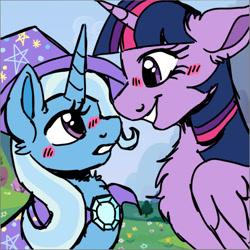 Size: 1076x1075 | Tagged: safe, artist:neongin, derpibooru exclusive, trixie, twilight sparkle, alicorn, pony, unicorn, g4, blushing, chest fluff, cute, ear fluff, female, height difference, lesbian, ship:twixie, shipping, short, tall, twilight sparkle (alicorn)