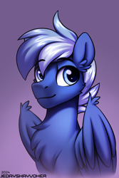Size: 2000x3000 | Tagged: safe, artist:jedayskayvoker, oc, oc:blue shift, pegasus, pony, bust, chest fluff, cute, ear fluff, folded wings, gradient background, icon, looking at you, male, patreon, patreon reward, pegasus oc, portrait, smiling, solo, stallion, wing fluff, wings