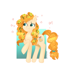 Size: 3000x3000 | Tagged: safe, artist:aasuri-art, pear butter, earth pony, pony, g4, the perfect pear, blue eyes, flower, flower in hair, food, glowing, glowing eyes, glowing mane, heart, high res, light skin, love, orange, simple background, solo, standing, white background