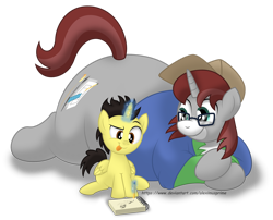 Size: 1600x1290 | Tagged: safe, artist:aleximusprime, oc, oc only, oc:khaki-cap, oc:paper butt, oc:paper cap, oc:tommy the human, alicorn, pony, unicorn, :p, alicorn oc, cap, colt, commission, commissioner:bigonionbean, drawing, duo, duo male, fat, foal, fusion, glasses, hat, horn, lying down, magic, male, pencil, prone, simple background, smiling, stallion, telekinesis, tongue out, transparent background, unicorn oc, wings