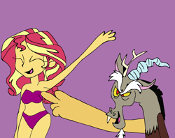 Size: 1280x1012 | Tagged: safe, artist:mojo1985, discord, sunset shimmer, draconequus, human, equestria girls, g4, armpit tickling, armpits, arms in the air, bare shoulders, bikini, clothes, eyes closed, humanized, laughing, personal space invasion, simple background, swimsuit, tickling
