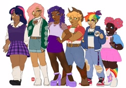 Size: 2610x1831 | Tagged: source needed, safe, artist:abslghost, applejack, fluttershy, pinkie pie, rainbow dash, rarity, twilight sparkle, alicorn, human, equestria girls, g4, argyle, belt, boots, clothes, cowboy boots, cowboy hat, crossed arms, dark skin, denim, hand on hip, hat, high heel boots, hoodie, humane five, humane six, humanized, jacket, jeans, jewelry, mane six, necklace, pants, shirt, shoes, simple background, skirt, socks, sweater, sweater vest, twilight sparkle (alicorn), vest, white background