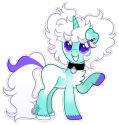 Size: 1485x1557 | Tagged: safe, artist:dreamybae, artist:sleepy_princee, oc, oc only, oc:pupcup, pony, unicorn, base used, chest fluff, collar, colored eartips, colored hooves, colored pupils, dog ears, ear piercing, earring, eye clipping through hair, facial markings, female, female oc, floppy ears, grin, hooves, horn, jewelry, long tail, mare, mare oc, mismatched hooves, multicolored hooves, pale belly, piercing, pigtails, purple eyes, raised hoof, simple background, smiling, solo, standing, tail, transparent background, unicorn oc, unshorn fetlocks