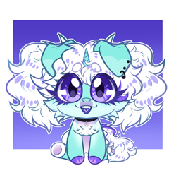Size: 2445x2399 | Tagged: safe, artist:blehs_art_hell, oc, oc only, oc:pupcup, pony, unicorn, :3, cheek fluff, chest fluff, chibi, collar, colored eartips, colored eyelashes, colored hooves, colored tongue, dog ears, ear piercing, earring, facial markings, female, female oc, floppy ears, gradient background, hooves, horn, jewelry, long tail, looking at you, mare, mare oc, mismatched hooves, multicolored hooves, open mouth, open smile, pale belly, passepartout, piercing, pigtails, purple background, purple eyelashes, purple eyes, purple tongue, sitting, smiling, solo, tail, unicorn oc