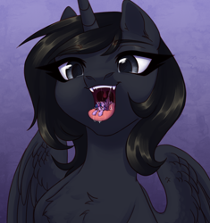 Size: 2816x3000 | Tagged: safe, artist:nika-rain, twilight sparkle, oc, oc:black beauty, alicorn, pony, commission, drool, fangs, gradient background, imminent vore, macro, macro/micro, micro, open mouth, preylight, sketch, tongue out, twilight sparkle (alicorn), uvula