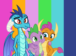 Size: 2468x1804 | Tagged: safe, artist:detailedatream1991, princess ember, smolder, spike, dragon, g4, arm around neck, dragon trio, dragoness, female, high res, male, striped background, trio, winged spike, wings