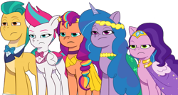 Size: 1702x914 | Tagged: safe, edit, edited screencap, editor:pascalmulokozi2, screencap, hitch trailblazer, izzy moonbow, pipp petals, sunny starscout, zipp storm, earth pony, pegasus, pony, unicorn, baby critters, g5, my little pony: tell your tale, spoiler:g5, spoiler:my little pony: tell your tale, spoiler:tyts01e32, annoyed, background removed, bowtie, clothes, diverse body types, dress, female, formal wear, gown, height difference, izzy is tol, male, mane five, mare, not a vector, pipp is short, pipp is smol, simple background, smol, stallion, suit, transparent background, tuxedo, you got the whole squad laughing, zipp storm always dresses in style