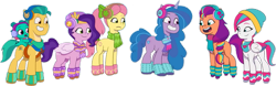 Size: 1605x498 | Tagged: safe, edit, edited screencap, editor:pascalmulokozi2, screencap, hitch trailblazer, izzy moonbow, pipp petals, posey bloom, sparky sparkeroni, sunny starscout, zipp storm, dragon, earth pony, pegasus, pony, unicorn, g5, my little pony: tell your tale, snow pun intended, spoiler:g5, spoiler:my little pony: tell your tale, spoiler:tyts01e37, background removed, clothes, earmuffs, female, hat, male, not a vector, scarf, simple background, transparent background, winter hat, winter outfit