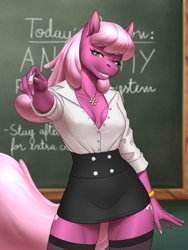 Size: 4500x6000 | Tagged: safe, alternate version, artist:mykegreywolf, cheerilee, earth pony, anthro, g4, bracelet, breasts, chalk, chalkboard, cleavage, clothes, female, fishnets, hot for teacher, jewelry, long nails, looking at you, miniskirt, necklace, pointing, pointing at you, reasonably sized breasts, sex education, shirt, skirt, smiling, smiling at you, socks, solo, stupid sexy cheerilee, thigh highs, thighs, zettai ryouiki