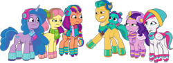 Size: 1789x650 | Tagged: safe, edit, edited screencap, editor:pascalmulokozi2, screencap, hitch trailblazer, izzy moonbow, pipp petals, posey bloom, sparky sparkeroni, sunny starscout, zipp storm, dragon, earth pony, pegasus, pony, unicorn, g5, my little pony: tell your tale, snow pun intended, spoiler:g5, spoiler:my little pony: tell your tale, spoiler:tyts01e37, background removed, clothes, earmuffs, female, hat, male, mare, not a vector, scarf, simple background, sparky riding hitch trailblazer, stallion, transparent background, winter hat, winter outfit