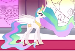 Size: 1569x1080 | Tagged: safe, princess celestia, alicorn, pony, g4, the crystal empire, canterlot castle, carpet, concave belly, crown, ethereal mane, ethereal tail, female, gradient mane, gradient tail, hoof shoes, horn, indoors, jewelry, long horn, long mane, long tail, mare, open mouth, partially open wings, peytral, princess shoes, red carpet, regalia, side view, slender, solo, sparkly mane, sparkly tail, standing, tail, tall, thin, wings