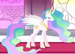 Size: 1511x1080 | Tagged: safe, princess celestia, alicorn, pony, g4, the crystal empire, canterlot castle, carpet, concave belly, cropped, crown, ethereal mane, ethereal tail, eyes closed, female, gradient mane, gradient tail, hoof shoes, horn, indoors, jewelry, long horn, long mane, long tail, mare, partially open wings, peytral, princess shoes, red carpet, regalia, side view, slender, solo, sparkly mane, sparkly tail, standing, tail, tall, thin, wings