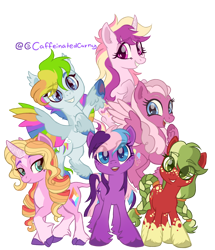 Size: 1460x1700 | Tagged: safe, artist:caffeinatedcarny, applejack (g3), fluttershy (g3), pinkie pie (g3), rainbow dash (g3), rarity (g3), twilight twinkle, earth pony, pegasus, pony, unicorn, g3, g4, beauty mark, butt freckles, cloven hooves, coat markings, colored hooves, colored wings, countershading, earth pony twilight twinkle, facial markings, fangs, feathered fetlocks, freckles, g3 to g4, generation leap, gradient hooves, group photo, horn, horn runes, leonine tail, looking at you, markings, race swap, redesign, redraw, simple background, slit pupils, socks (coat markings), star (coat marking), tail, tail feathers, transparent background, underhoof, unshorn fetlocks, wings