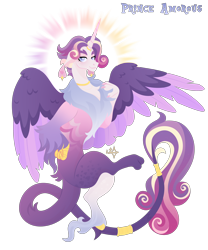 Size: 3000x3600 | Tagged: safe, artist:kabuvee, oc, oc only, oc:amorous, draconequus, hybrid, blue eyes, colored hooves, colored wings, colored wingtips, draconequus oc, floppy ears, gradient horn, gradient legs, gradient tail, horn, horn ring, interspecies offspring, jewelry, long feather, long fetlocks, male, multicolored wings, necklace, offspring, parent:discord, parent:princess cadance, parents:discodance, ring, simple background, solo, tail, tail ring, transparent background, wingding eyes, wings