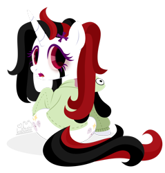 Size: 1920x2008 | Tagged: oc name needed, safe, artist:kabuvee, oc, oc only, pony, unicorn, clothes, female, frown, gir, hoodie, horn, invader zim, lineless, lip piercing, looking back, mare, open mouth, piercing, purple eyelashes, red and black mane, red eyes, simple background, solo, transparent background, unicorn oc
