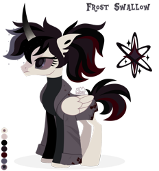 Size: 1920x2066 | Tagged: safe, artist:kabuvee, oc, oc only, oc:frost swallow, alicorn, pony, alicorn oc, blaze (coat marking), blood, blood stains, clothes, coat, coat markings, color palette, curved horn, dark sclera, facial markings, female, folded wings, gradient horn, gray eyes, horn, lidded eyes, mare, ponytail, red and black mane, simple background, solo, standing, transparent background, turtleneck, wings