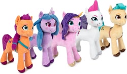 Size: 1200x701 | Tagged: safe, hitch trailblazer, izzy moonbow, pipp petals, sunny starscout, zipp storm, pony, unicorn, g5, female, irl, mane five, multiple characters, photo, plushie, royal sisters (g5), siblings, simple background, sisters, white background