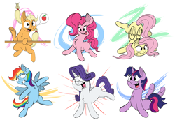 Size: 3717x2562 | Tagged: safe, artist:doodledonutart, applejack, fluttershy, pinkie pie, rainbow dash, rarity, twilight sparkle, earth pony, pegasus, pony, unicorn, g4, apple, butt, chest fluff, face down ass up, female, flutterbutt, folded wings, food, grin, high res, lidded eyes, mane six, mare, missing cutie mark, open mouth, open smile, plot, silly, simple background, smiling, speech bubble, spread wings, white background, wings