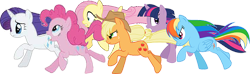 Size: 1394x412 | Tagged: artist needed, editor needed, safe, edit, applejack, fluttershy, pinkie pie, rainbow dash, rarity, twilight sparkle, earth pony, pegasus, pony, unicorn, g4, female, mane six, mare, needs more jpeg, needs more png, on side, running, side view, simple background, transparent background, windswept mane