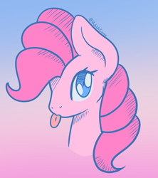 Size: 1537x1731 | Tagged: safe, artist:bubblegooey, pinkie pie, earth pony, pony, g4, :p, blue eyes, bust, cute, female, gradient background, hatching (technique), mare, pink mane, portrait, signature, solo, tongue out