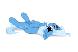 Size: 3000x2000 | Tagged: safe, artist:jubyskylines, trixie, pony, unicorn, g4, chest fluff, cute, cute little fangs, diatrixes, ear fluff, eye clipping through hair, fangs, looking at you, lying down, on back, simple background, solo, white background
