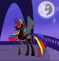 Size: 2621x2727 | Tagged: artist needed, safe, oc, 1000 hours in ms paint, amputee, donut steel, gun, mare in the moon, mg42, moon, multicolored hair, night, prosthetic leg, prosthetic limb, prosthetics, rainbow hair, red and black oc, weapon